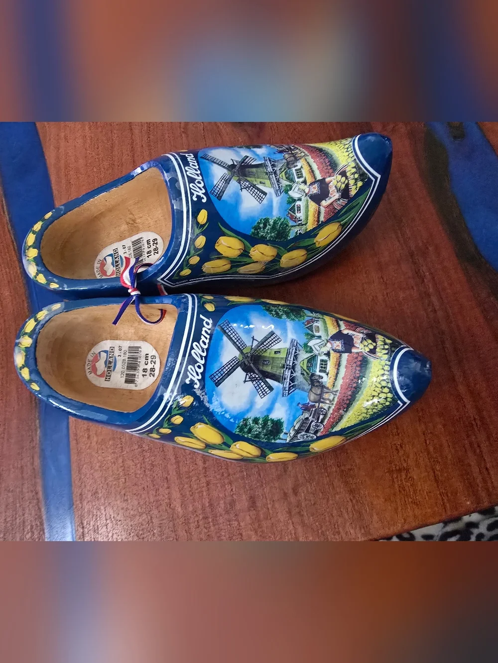 Holland Blue Kids Wooden Moccasin Clogs with Tulip & Windmill Art